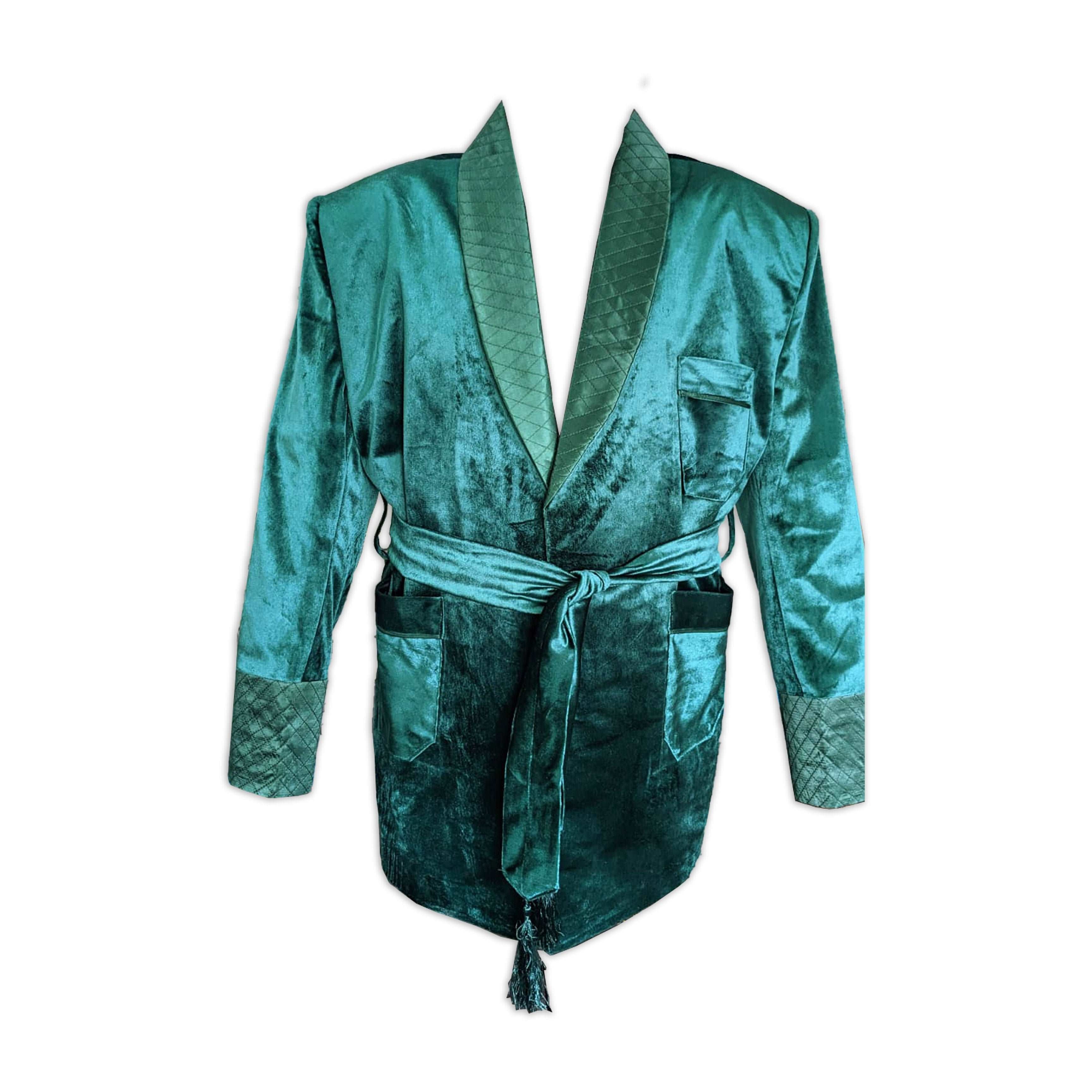Mens Jacket Green Velvet Quilted Robe De chambre Evening Dinner Coat Robe